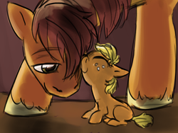 Size: 768x576 | Tagged: safe, artist:itena, applejack, oc, pony, g4, baby, baby pony, father, filly, foal, nuzzling, pa apple