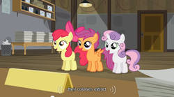 Size: 640x355 | Tagged: safe, screencap, apple bloom, scootaloo, sweetie belle, earth pony, pegasus, pony, unicorn, g4, my little pony: friendship is magic, ponyville confidential, bow, cutie mark crusaders, female, filly, open mouth, smiling, youtube caption