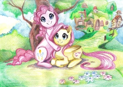 Size: 1500x1062 | Tagged: safe, artist:paulina-ap, fluttershy, pinkie pie, g4, female, hug, lesbian, looking at you, prone, ship:flutterpie, shipping, sitting, smiling, traditional art