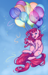 Size: 712x1100 | Tagged: safe, artist:inkfall, pinkie pie, g4, balloon, female, flying, solo, streamers, then watch her balloons lift her up to the sky