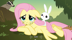 Size: 640x355 | Tagged: safe, screencap, angel bunny, fluttershy, badger, squirrel, g4, youtube caption
