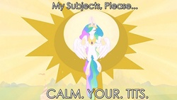 Size: 1280x720 | Tagged: safe, edit, princess celestia, g4, calm your tits, female, image macro, reaction image, solo, text