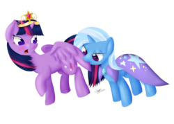 Size: 1057x755 | Tagged: safe, artist:icy wings, trixie, twilight sparkle, alicorn, pony, unicorn, g4, big crown thingy, blushing, cape, clothes, female, lesbian, mare, preening, ship:twixie, shipping, simple background, transparent background, trixie's cape, twilight sparkle (alicorn)