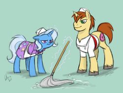 Size: 2938x2231 | Tagged: safe, artist:valkyrie-girl, donut joe, trixie, pony, unicorn, g4, apron, clothes, female, male, mare, mop, stallion, unamused