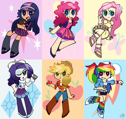 Size: 1665x1572 | Tagged: source needed, useless source url, safe, artist:kleekay423, applejack, fluttershy, pinkie pie, rainbow dash, rarity, twilight sparkle, human, g4, humanized, mane six, panty and stocking with garterbelt, style emulation