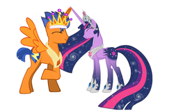 Size: 751x480 | Tagged: safe, artist:nianara, flash sentry, twilight sparkle, alicorn, pony, equestria girls, g4, duo, equestria girls ponified, ethereal mane, female, galaxy mane, male, male princess, mare, ponified, prince flash sentry, race swap, ship:flashlight, shipping, straight, this will end in an alicorn baby stronger than flurry heart, tiara, twilight sparkle (alicorn), ultimate twilight