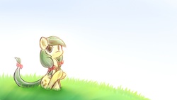 Size: 1920x1080 | Tagged: safe, artist:dshou, apple fritter, earth pony, pony, g4, apple family member, bow, female, grass, hair bow, looking at you, mare, sitting, sky, solo, tail bow, underhoof