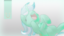 Size: 1920x1080 | Tagged: safe, artist:ephemeralblue, artist:tenchi-outsuno, lyra heartstrings, g4, cute, eyes closed, female, happy, on back, open mouth, simple background, smiling, solo, underhoof, wallpaper, white background