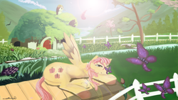 Size: 1600x900 | Tagged: safe, artist:auroriia, fluttershy, butterfly, pegasus, pony, g4, butt, butterfly on nose, cottage, female, insect on nose, plot, solo, tree