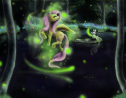 Size: 5006x3893 | Tagged: safe, artist:anjyil, angel bunny, fluttershy, g4, glowing, night, pond, water