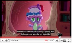 Size: 506x305 | Tagged: safe, edit, edited screencap, screencap, spike, dragon, friendship is magic, g4, aids, caption, gay, hat, hiv, lampshade, lampshade hat, male, solo, youtube, youtube caption