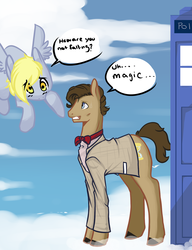Size: 1280x1668 | Tagged: safe, artist:slipe, derpy hooves, doctor whooves, time turner, pegasus, pony, g4, crossover, doctor who, eleventh doctor, female, male, mare, ship:doctorderpy, shipping, straight, sweat, tardis