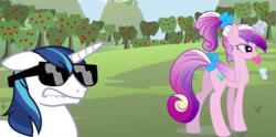 Size: 1120x555 | Tagged: safe, artist:kp-shadowsquirrel, artist:parclytaxel, princess cadance, shining armor, alicorn, pony, unicorn, g4, bow, butt, candy, dat ass, female, food, hair bow, levitation, licking, lollipop, lovebutt, magic, male, mare, plot, ponytail, stallion, standing, sunglasses, tail, tail bow, tail wrap, teen princess cadance, telekinesis, tongue out, vector, younger
