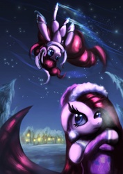 Size: 1240x1754 | Tagged: safe, artist:zolombo, pinkie pie, g4, duality, floating, flying, how, ice skating, pinkamena diane pie, upside down, winter