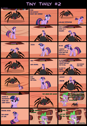 Size: 1024x1475 | Tagged: safe, artist:kwark85, spike, twilight sparkle, pony, spider, unicorn, comic:tiny twily, g4, comic, golden oaks library, micro, unicorn twilight