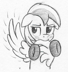 Size: 946x1000 | Tagged: safe, artist:php87, oc, oc only, oc:wheely bopper, blushing, frown, grayscale, monochrome, preening, sketch, solo, spread wings, wingboner, wings