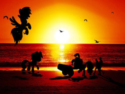 Size: 900x675 | Tagged: safe, artist:astrid66thordottir, applejack, pinkie pie, rainbow dash, human, g4, beach, ocean, sunset