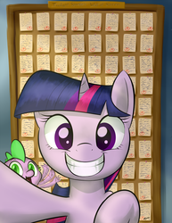 Size: 1275x1650 | Tagged: safe, artist:loosepopcorn, spike, twilight sparkle, g4, adorkable, cute, dork, grin, photobomb, selfie, smiling, tests, waving