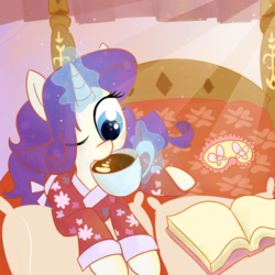 Size: 750x750 | Tagged: safe, artist:meekcheep, rarity, pony, unicorn, g4, bed, book, clothes, coffee, female, kimono (clothing), morning, morning ponies, one eye closed, pajamas, sleep mask, solo