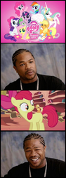 Size: 563x1502 | Tagged: safe, apple bloom, applejack, g4, appletini, logo, meme, xzibit, yo dawg