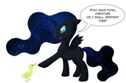 Size: 1024x675 | Tagged: safe, artist:iraincloud, nightmare moon, duck, g4, cute, female, filly, floppy ears, glare, nightmare woon, open mouth, pointing, pun, solo, spread wings
