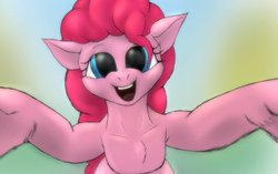 Size: 1128x708 | Tagged: safe, artist:cyclone-dusk, pinkie pie, earth pony, pony, g4, chest fluff, female, hug, looking at you, mare, open mouth, pov, solo