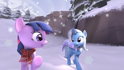 Size: 1920x1080 | Tagged: safe, artist:djpoint, trixie, twilight sparkle, pony, unicorn, g4, 3d, clothes, duo, horn, scarf, snow, snowfall, source filmmaker, trixie's cape, winter