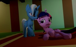 Size: 1680x1050 | Tagged: safe, artist:valkyrie1312, trixie, twilight sparkle, g4, 3d, ear bite, female, gmod, lesbian, ship:twixie, shipping