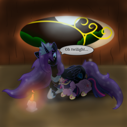 Size: 1500x1500 | Tagged: safe, artist:sky-sketch, twilight sparkle, oc, oc:nyx, alicorn, pony, g4, big crown thingy, candle, comforting, comforting twilight, crying, element of magic, female, golden oaks library, immortality blues, lonely, looking at each other, mare, night, older, older nyx, twilight sparkle (alicorn), window