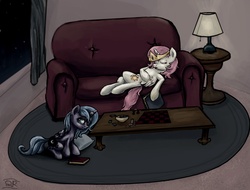 Size: 2104x1601 | Tagged: safe, artist:quintessantriver, princess celestia, princess luna, g4, chess, couch, filly, interior, on back, sitting, sleeping