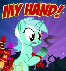 Size: 900x978 | Tagged: safe, artist:pixelkitties, lyra heartstrings, pony, unicorn, g4, barrel, bottle rocket, burned, caption, caution, chinese, danger, english, female, firecracker, fireworks, hand, purple sky, solo, text, that pony sure does love hands