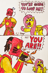 Size: 659x986 | Tagged: safe, artist:stealthninja5, fluttershy, human, g4, bionicle, comic, crossover, flutterrage, funny, lego, no u, no you, tahu, traditional art