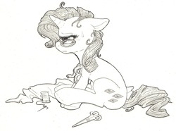Size: 1280x953 | Tagged: safe, artist:dimwitdog, rarity, g4, cloth, female, glasses, measuring tape, messy mane, monochrome, needle, rarity's glasses, scissors, solo, thread, traditional art, working
