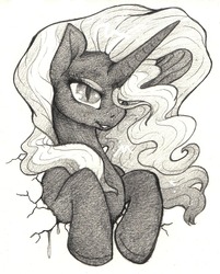 Size: 1173x1459 | Tagged: safe, artist:dimwitdog, nightmare rarity, g4, bedroom eyes, cracks, female, grin, hair over one eye, looking at you, monochrome, smiling, solo, stuck