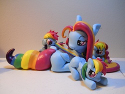 Size: 2592x1944 | Tagged: safe, artist:earthenpony, rainbow dash, oc, g4, blank flank, colt, craft, family, female, filly, filly rainbow dash, male, mother, mouth hold, rainbow mom, sculpture, siblings, sisters, tail, tail pull, younger