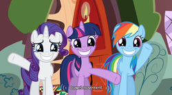 Size: 640x355 | Tagged: safe, edit, screencap, rainbow dash, rarity, twilight sparkle, pegasus, pony, unicorn, dragon quest, g4, my little pony: friendship is magic, female, mare, text, trio, youtube caption