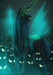 Size: 600x849 | Tagged: safe, artist:zhoid, queen chrysalis, changeling, changeling queen, g4, crown, fangs, female, glowing eyes, jewelry, regalia, solo