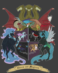 Size: 1024x1297 | Tagged: safe, artist:biscuitcrumbs, ahuizotl, discord, gilda, king sombra, nightmare moon, queen chrysalis, trixie, alicorn, changeling, changeling queen, cockatrice, griffon, hydra, parasprite, pony, unicorn, g4, antagonist, coat of arms, crest, ethereal mane, female, gray background, heraldry, hoof shoes, male, mare, multiple heads, rampant, simple background, spread wings, stallion, starry mane, supporters, three heads, wings