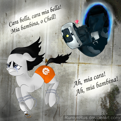 Size: 894x894 | Tagged: safe, artist:rumynrus, pony, chell, crossover, glados, italian, ponified, portal, portal (valve), singing