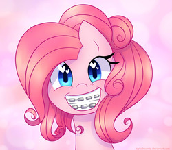 Size: 2200x1931 | Tagged: safe, artist:joyfulinsanity, pinkie pie, earth pony, pony, g4, adorkable, alternate hairstyle, braces, cute, diapinkes, dork, female, heart eyes, looking at you, mare, smiling, solo, wingding eyes