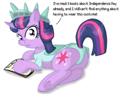 Size: 642x500 | Tagged: safe, artist:kwaken, twilight sparkle, pony, unicorn, g4, book, butt, clothes, female, lady liberty, looking at you, looking back, looking back at you, mare, panties, plot, solo, underwear