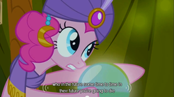 Size: 640x355 | Tagged: safe, edit, edited screencap, screencap, pinkie pie, earth pony, pony, g4, it's about time, season 2, caption, clothes, crystal ball, female, future, hat, implied death, madame pinkie, mare, prediction, scarf, solo, youtube caption