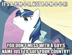 Size: 624x481 | Tagged: safe, edit, edited screencap, screencap, shining armor, pony, unicorn, g4, caption, image macro, male, name, nitpicking, solo, stallion, text