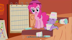 Size: 640x355 | Tagged: safe, screencap, pinkie pie, spike, g4, it's about time, youtube caption