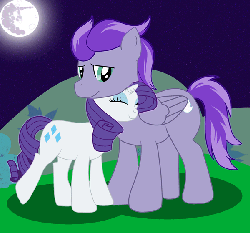 Size: 600x561 | Tagged: safe, artist:omegarix93, rarity, oc, oc:kydose, g4, animated, breeze, canon x oc, cuddling, glowing, love, mare in the moon, moon, night, raridose, shipping, snuggling, wind