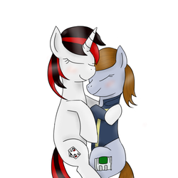 Size: 750x750 | Tagged: safe, artist:defahn, oc, oc only, oc:blackjack, oc:littlepip, pony, unicorn, fallout equestria, fallout equestria: project horizons, blushing, clothes, cuddling, eyes closed, fanfic, fanfic art, female, hooves, horn, hug, jumpsuit, mare, simple background, smiling, snuggling, vault suit, white background