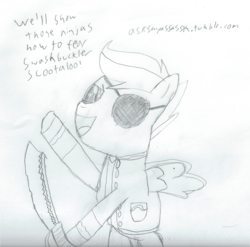 Size: 1597x1578 | Tagged: safe, artist:2shyshy, scootaloo, g4, 30 minute art challenge, eyepatch, female, monochrome, pirate, solo, traditional art