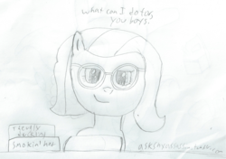 Size: 1998x1403 | Tagged: safe, artist:2shyshy, twist, g4, 30 minute art challenge, female, glasses, monochrome, older, solo, traditional art