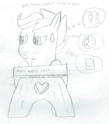 Size: 1386x1578 | Tagged: safe, artist:2shyshy, scootaloo, g4, 30 minute art challenge, clock, desk, female, monochrome, solo, sweat, waterfall