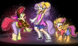 Size: 1280x763 | Tagged: safe, artist:redflare500, apple bloom, scootaloo, sweetie belle, oc, human, g4, cutie mark crusaders, female, filly, foal, human to pony, humanized, tail, tail hole, transformation